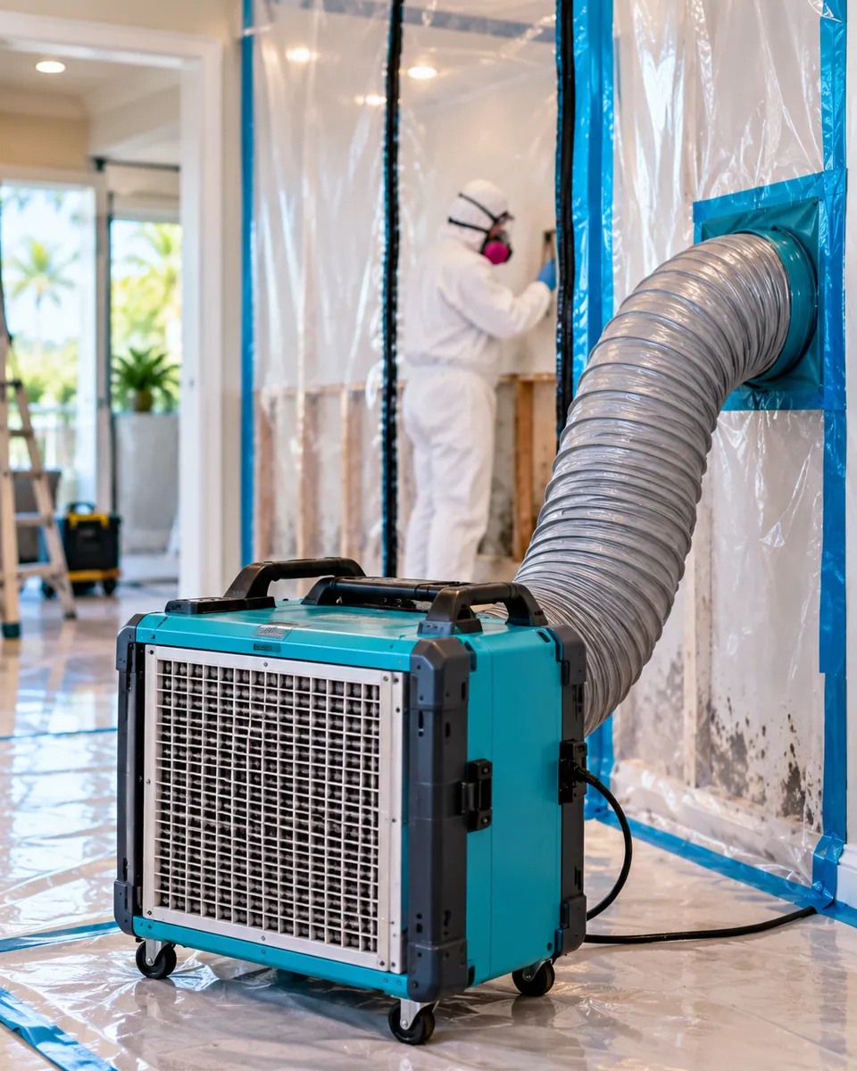 HEPA air scrubber and containment during mold remediation in South Palm Beach