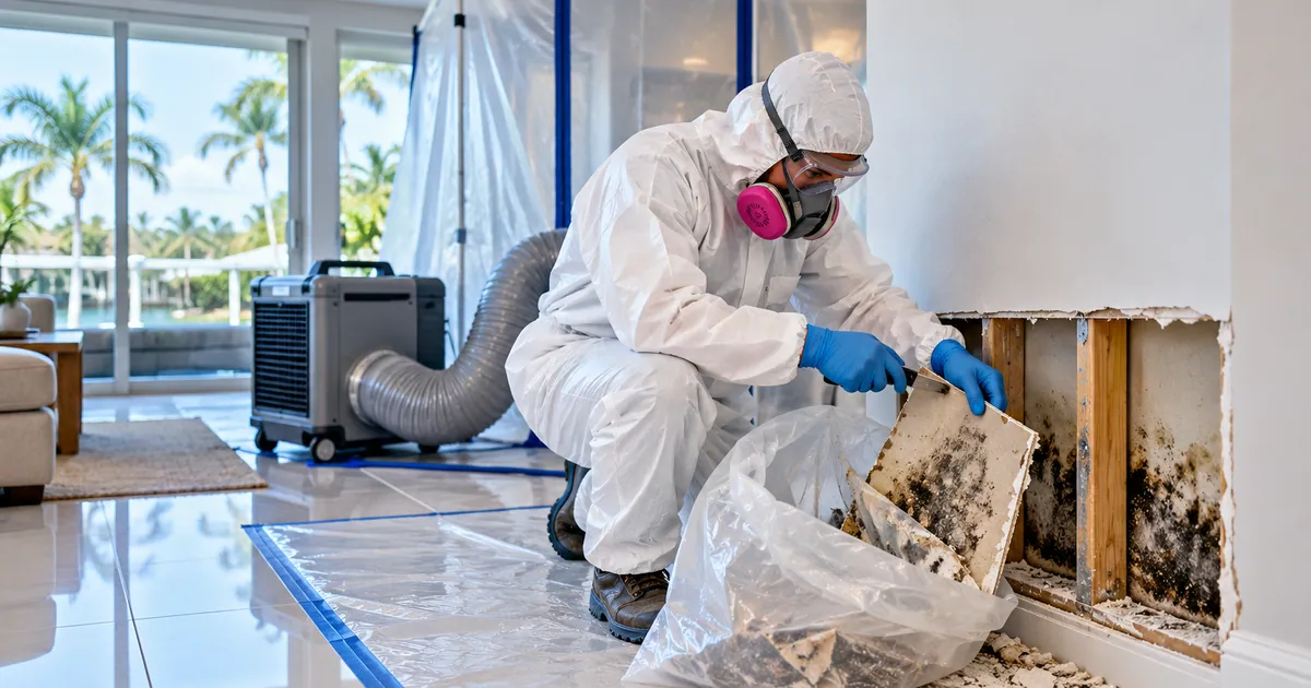 Clean-Air Mold Removal in South Palm Beach, FL — technician removing mold under containment